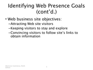 Identifying Web Presence Goals
               (cont’d.)
• Web business site objectives:
    – Attracting Web site visitors
    – Keeping visitors to stay and explore
    – Convincing visitors to follow site’s links to
      obtain information




Electronic Commerce, Ninth
                             3
Edition
 