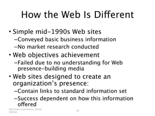 How the Web Is Different
• Simple mid-1990s Web sites
    – Conveyed basic business information
    – No market research conducted
• Web objectives achievement
    – Failed due to no understanding for Web
      presence-building media
• Web sites designed to create an
  organization’s presence:
    – Contain links to standard information set
    – Success dependent on how this information
      offered
Electronic Commerce, Ninth
                             10
Edition
 