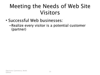 Meeting the Needs of Web Site
               Visitors
• Successful Web businesses:
    – Realize every visitor is a potential customer
      (partner)




Electronic Commerce, Ninth
                             11
Edition
 
