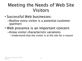 Meeting the Needs of Web Site
               Visitors
• Successful Web businesses:
    – Realize every visitor is a potential customer
      (partner)
• Web presence is an important concern
    – Know visitor characteristic variations
        • Understand that the visitor is at the site for a reason




Electronic Commerce, Ninth
                                   11
Edition
 