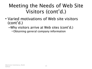 Meeting the Needs of Web Site
          Visitors (cont’d.)
• Varied motivations of Web site visitors
  (cont’d.)
    – Why visitors arrive at Web sites (cont’d.)
        • Obtaining general company information




Electronic Commerce, Ninth
                                12
Edition
 
