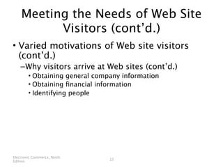 Meeting the Needs of Web Site
          Visitors (cont’d.)
• Varied motivations of Web site visitors
  (cont’d.)
    – Why visitors arrive at Web sites (cont’d.)
        • Obtaining general company information
        • Obtaining ﬁnancial information
        • Identifying people




Electronic Commerce, Ninth
                                12
Edition
 