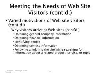 Meeting the Needs of Web Site
          Visitors (cont’d.)
• Varied motivations of Web site visitors
  (cont’d.)
    – Why visitors arrive at Web sites (cont’d.)
        • Obtaining general company information
        • Obtaining ﬁnancial information
        • Identifying people
        • Obtaining contact information
        • Following a link into the site while searching for
          information about a related product, service, or topic




Electronic Commerce, Ninth
                                  12
Edition
 