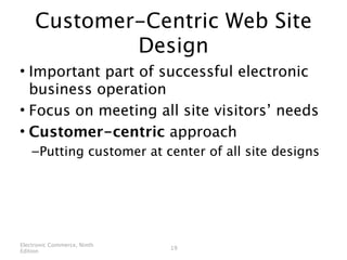 Customer-Centric Web Site
             Design
• Important part of successful electronic
  business operation
• Focus on meeting all site visitors’ needs
• Customer-centric approach
    – Putting customer at center of all site designs




Electronic Commerce, Ninth
                             19
Edition
 