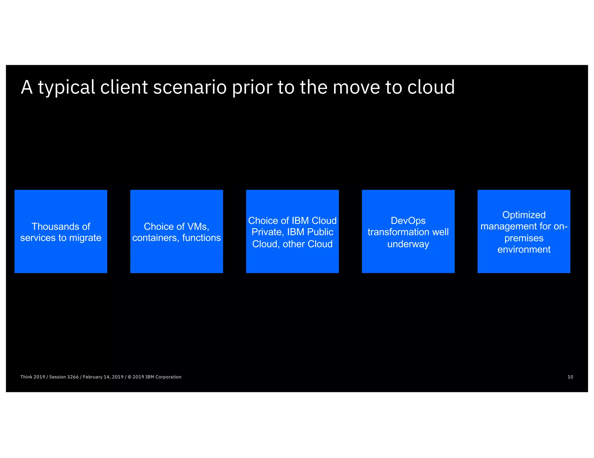 A typical client scenario prior to the move to cloud
10Think 2019 / Session 3266 / February 14, 2019 / © 2019 IBM Corporation
Thousands of
services to migrate
Choice of VMs,
containers, functions
Choice of IBM Cloud
Private, IBM Public
Cloud, other Cloud
DevOps
transformation well
underway
Optimized
management for on-
premises
environment
 