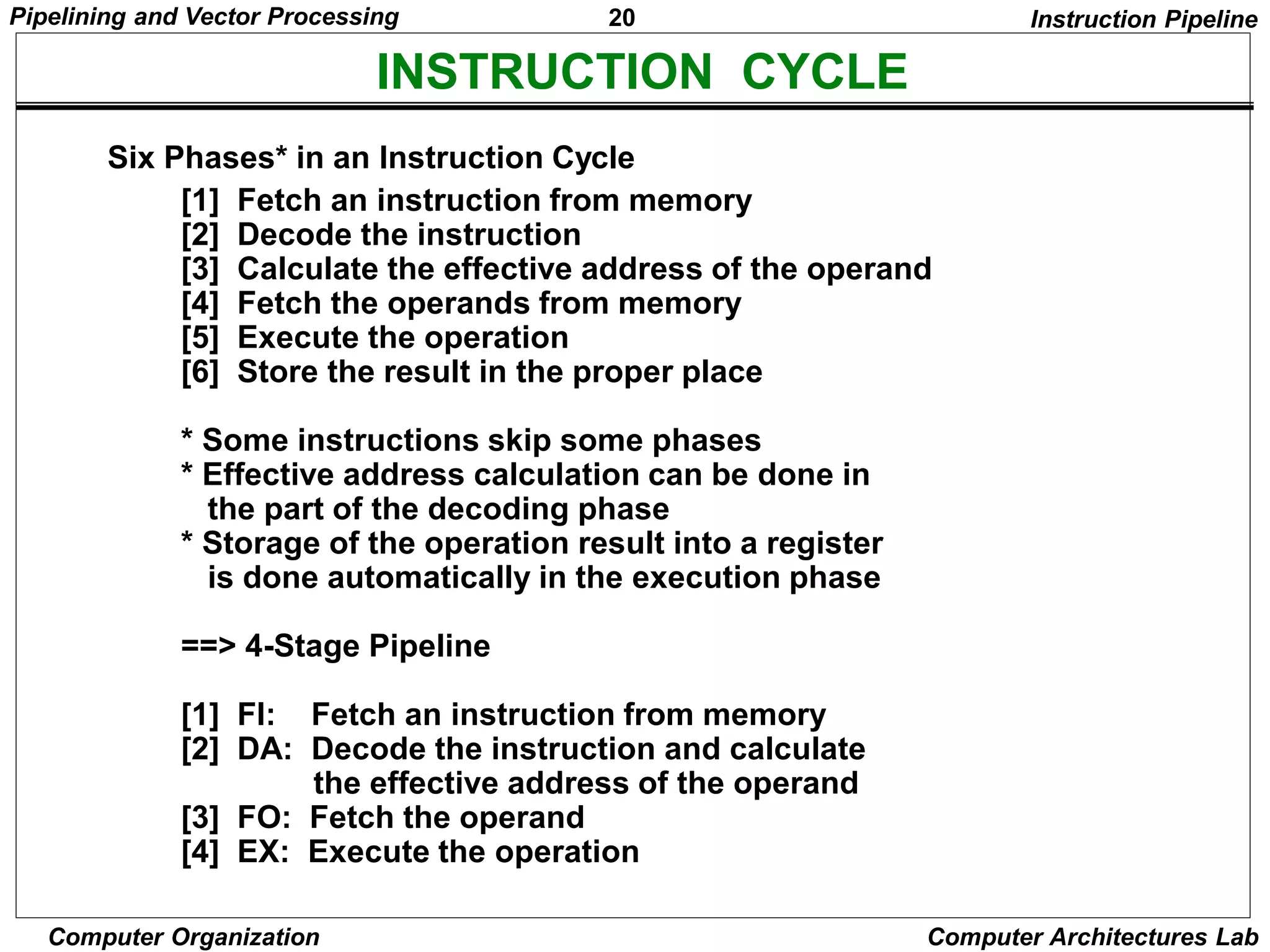 20
Pipelining and Vector Processing
Computer Organization Computer Architectures Lab
INSTRUCTION CYCLE
Six Phases* in an Instruction Cycle
[1] Fetch an instruction from memory
[2] Decode the instruction
[3] Calculate the effective address of the operand
[4] Fetch the operands from memory
[5] Execute the operation
[6] Store the result in the proper place
* Some instructions skip some phases
* Effective address calculation can be done in
the part of the decoding phase
* Storage of the operation result into a register
is done automatically in the execution phase
==> 4-Stage Pipeline
[1] FI: Fetch an instruction from memory
[2] DA: Decode the instruction and calculate
the effective address of the operand
[3] FO: Fetch the operand
[4] EX: Execute the operation
Instruction Pipeline
 