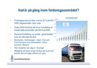 Vad är på gång inom fordonsgasområdet?

•   Fordonsgasvolymen ökar med ca 20 % jämfört
    2008, biogasandelen ökar mest
•   Under 2009 förväntas det bli en fyrdubbling av
    antalet sålda personbilar jämfört med 2008
•   Planerad fördubbling av antalet gastankställen
    inom de närmaste tre åren.
•   Mercedes, Volkswagen, Opel, Fiat och
    Ford lanserar nya bilmodeller. Volvo
    kommer tillbaka.
•   Fler modeller på väg in i Sverige
•   Möjlighet att köra tunga fordon på dual-fuel
    teknik, det vill säga diesel och gas
 