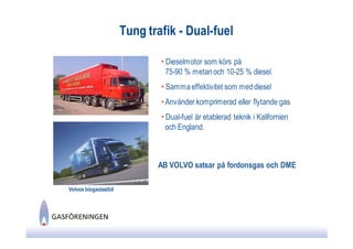 Tung trafik - Dual-fuel

                               • Dieselmotor som körs på
                                 75-90 % metan och 10-25 % diesel.
                               • Samma effektivitet som med diesel
                               • Använder komprimerad eller flytande gas
                               • Dual-fuel är etablerad teknik i Kalifornien
                                 och England.



                              AB VOLVO satsar på fordonsgas och DME

Volvos biogaslastbil
 