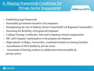 6. Shaping Framework Conditions for
Private Sector Engagement
- Establishing legal framework
- Sustainable government incentives for companies
- Strengthening the role of Industry Sector Councils(ISC) & Regional Councils(RC)
- Increasing the flexibility of program development
- Linking Training, Certificates, Jobs and Competency-based compensation
- ISC and Company’s participation in the program development
- High-schools, Colleges, Universities, vocational institutes as training facilities
- Accreditation of NCS drafted by private sector
- Assessment of learning workers in collaboration between public &
private sectors
 