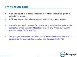 Page 10Classification: Restricted
Copyright @ 2000 Jordan Anastasiade. All rights reserved. 10
Translation Time
• A JSP application is usually a collection of JSP files, HTML files, graphics
and other resources.
• A JSP page is compiled when your user loads it into a Web browser
1. When the user loads the page for the first time, the files that make up the
application are all translated together, without any dynamic data, into
one Java source file (a .java file)
2. The .java file is compiled to a .class file. In most implementations, the
.java file is a Java servlet that complies with the Java Servlet API.
 