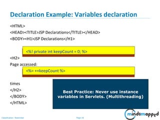 Page 18Classification: Restricted
Copyright @ 2000 Jordan Anastasiade. All rights reserved. 18
Declaration Example: Variables declaration
<HTML>
<HEAD><TITLE>JSP Declarations</TITLE></HEAD>
<BODY><H1>JSP Declarations</H1>
<%! private int keepCount = 0; %>
<H2>
Page accessed:
<%= ++keepCount %>
times
</H2>
</BODY>
</HTML>
Best Practice: Never use instance
variables in Servlets. (Multithreading)
 