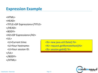 Page 22Classification: Restricted
Copyright @ 2000 Jordan Anastasiade. All rights reserved. 22
Expression Example
<HTML>
<HEAD>
<TITLE>JSP Expressions</TITLE>
</HEAD>
<BODY>
<H2>JSP Expressions</H2>
<UL>
<LI>Current time: <%= new java.util.Date() %>
<LI>Your hostname: <%= request.getRemoteHost()%>
<LI>Your session ID: <%= session.getId() %>
</UL>
</BODY>
</HTML>
 