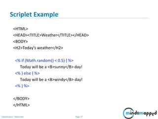 Page 27Classification: Restricted
Copyright @ 2000 Jordan Anastasiade. All rights reserved. 27
Scriplet Example
<HTML>
<HEAD><TITLE>Weather</TITLE></HEAD>
<BODY>
<H2>Today's weather</H2>
<% if (Math.random() < 0.5) { %>
Today will be a <B>sunny</B> day!
<% } else { %>
Today will be a <B>windy</B> day!
<% } %>
</BODY>
</HTML>
 