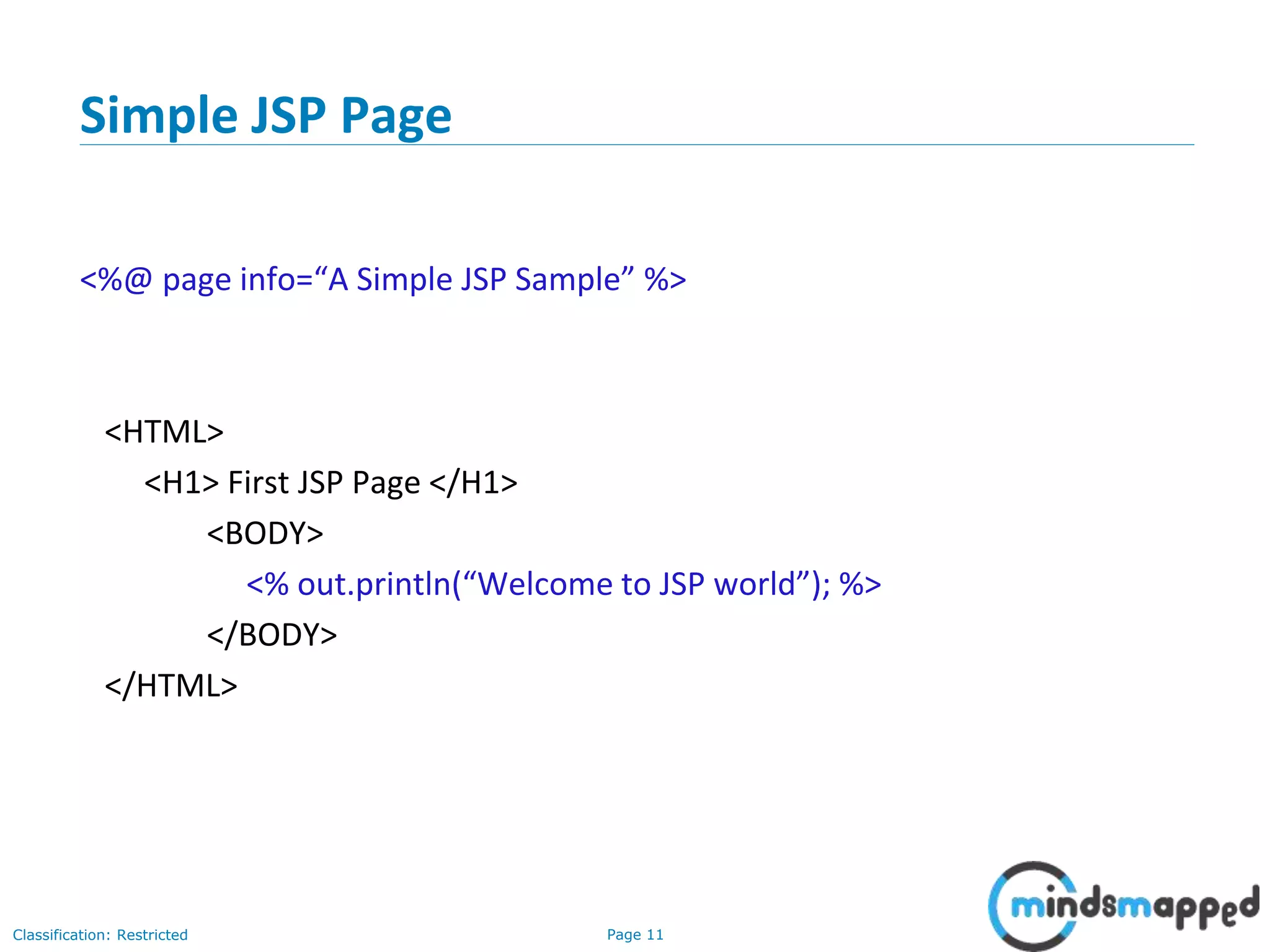 Page 11Classification: Restricted
Copyright @ 2000 Jordan Anastasiade. All rights reserved. 11
Simple JSP Page
<%@ page info=“A Simple JSP Sample” %>
<HTML>
<H1> First JSP Page </H1>
<BODY>
<% out.println(“Welcome to JSP world”); %>
</BODY>
</HTML>
 