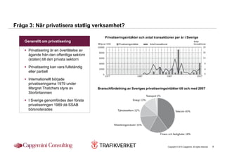 Fråga 3: När privatisera statlig verksamhet?

                                               Privatiseringsintäkter och antal transaktioner per år i Sverige
    Generellt om privatisering

      Privatisering är en överlåtelse av
      ägande från den offentliga sektorn
      (staten) till den privata sektorn

      Privatisering kan vara fullständig
      eller partiell

      Internationellt började
      privatiseringarna 1979 under
      Margret Thatchers styre av           Branschfördelning av Sveriges privatiseringsintäkter till och med 2007
      Storbritannien

      I Sverige genomfördes den första
      privatiseringen 1989 då SSAB
      börsnoterades




                                                                                         Copyright © 2010 Capgemini. All rights reserved.   9
 