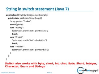 Page 27Classification: Restricted
String in switch statement (Java 7)
public class StringInSwitchStatementExample {
public static void main(String[] args) {
String game = "Cricket";
switch(game){
case "Hockey":
System.out.println("Let's play Hockey");
break;
case "Cricket":
System.out.println("Let's play Cricket");
break;
case "Football":
System.out.println("Let's play Football");
}
}
}
Switch also works with byte, short, int, char, Byte, Short, Integer,
Character, Enum and Strings
 