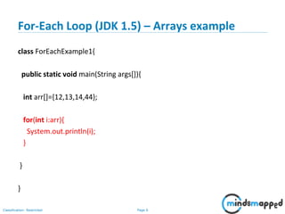 Page 6Classification: Restricted
For-Each Loop (JDK 1.5) – Arrays example
class ForEachExample1{
public static void main(String args[]){
int arr[]={12,13,14,44};
for(int i:arr){
System.out.println(i);
}
}
}
 
