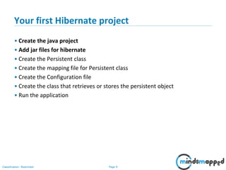 Page 9Classification: Restricted
Your first Hibernate project
• Create the java project
• Add jar files for hibernate
• Create the Persistent class
• Create the mapping file for Persistent class
• Create the Configuration file
• Create the class that retrieves or stores the persistent object
• Run the application
 