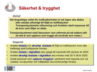 X            Säkerhet & trygghet
       ٱå
     Det långsiktiga målet för trafiksäkerheten är att ingen ska dödas
      Det långsiktiga målet för trafiksäkerheten är att ingen ska dödas
           eller skadas allvarligt till följd av trafikolyckor.
            eller skadas allvarligt till följd av trafikolyckor.
           Transportsystemets utformning och funktion skall anpassas till
            Transportsystemets utformning och funktion skall anpassas till
           de krav som följer av detta.
            de krav som följer av detta.
     Transportsystemet skall dessutom vara utformat på ett sådant sätt
      Transportsystemet skall dessutom vara utformat på ett sådant sätt
           att det är och upplevs som tryggt att använda och vistas i.
            att det är och upplevs som tryggt att använda och vistas i.

        ٲ賾å
••   Antalet dödade och allvarligt skadade till följd av trafikolyckor inom alla
      Antalet dödade och allvarligt skadade till följd av trafikolyckor inom alla
     trafikslag skall fortlöpande minska.
      trafikslag skall fortlöpande minska.
••   Antalet dödade i ivvägtrafikenska uppgå till maximalt 220 stycken år 2020.
      Antalet dödade ägtrafiken ska uppgå till maximalt 220 stycken år 2020.
••   Antalet allvarligt skadade i ivvägtrafikenska minska med 25 % till år 2020.
      Antalet allvarligt skadade ägtrafiken ska minska med 25 % till år 2020.
••   Andel personer som upplever otrygghet i isamband med resande och vid
      Andel personer som upplever otrygghet samband med resande och vid
     vistelse i iknutpunkter och hållplatser ska kontinuerligt minska.
      vistelse knutpunkter och hållplatser ska kontinuerligt minska.


                                                                          2009-01-09/PVI
 