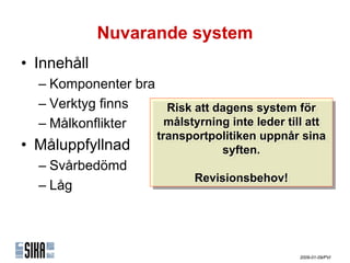 Nuvarande system
• Innehåll
  – Komponenter bra
  – Verktyg finns   Risk att dagens system fför
                     Risk att dagens system ör
  – Målkonflikter   målstyrning inte leder till att
                    målstyrning inte leder till att
                      transportpolitiken uppnår sina
                       transportpolitiken uppnår sina
• Måluppfyllnad                   syften.
                                  syften.
  – Svårbedömd
                            Revisionsbehov!
                            Revisionsbehov!
  – Låg




                                               2009-01-09/PVI
 