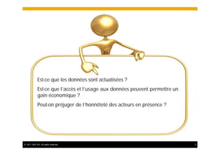 Est-ce que les données sont actualisées ?
             Est-ce que l’accès et l’usage aux données peuvent permettre un
             gain économique ?
             Peut-on préjuger de l’honnêteté des acteurs en présence ?




© 2011 SAP AG. All rights reserved.                                           3
 