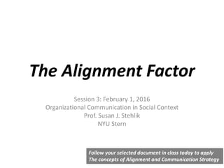 The Alignment Factor
Session 3: February 1, 2016
Organizational Communication in Social Context
Prof. Susan J. Stehlik
NYU Stern
Follow your selected document in class today to apply
The concepts of Alignment and Communication Strategy
 