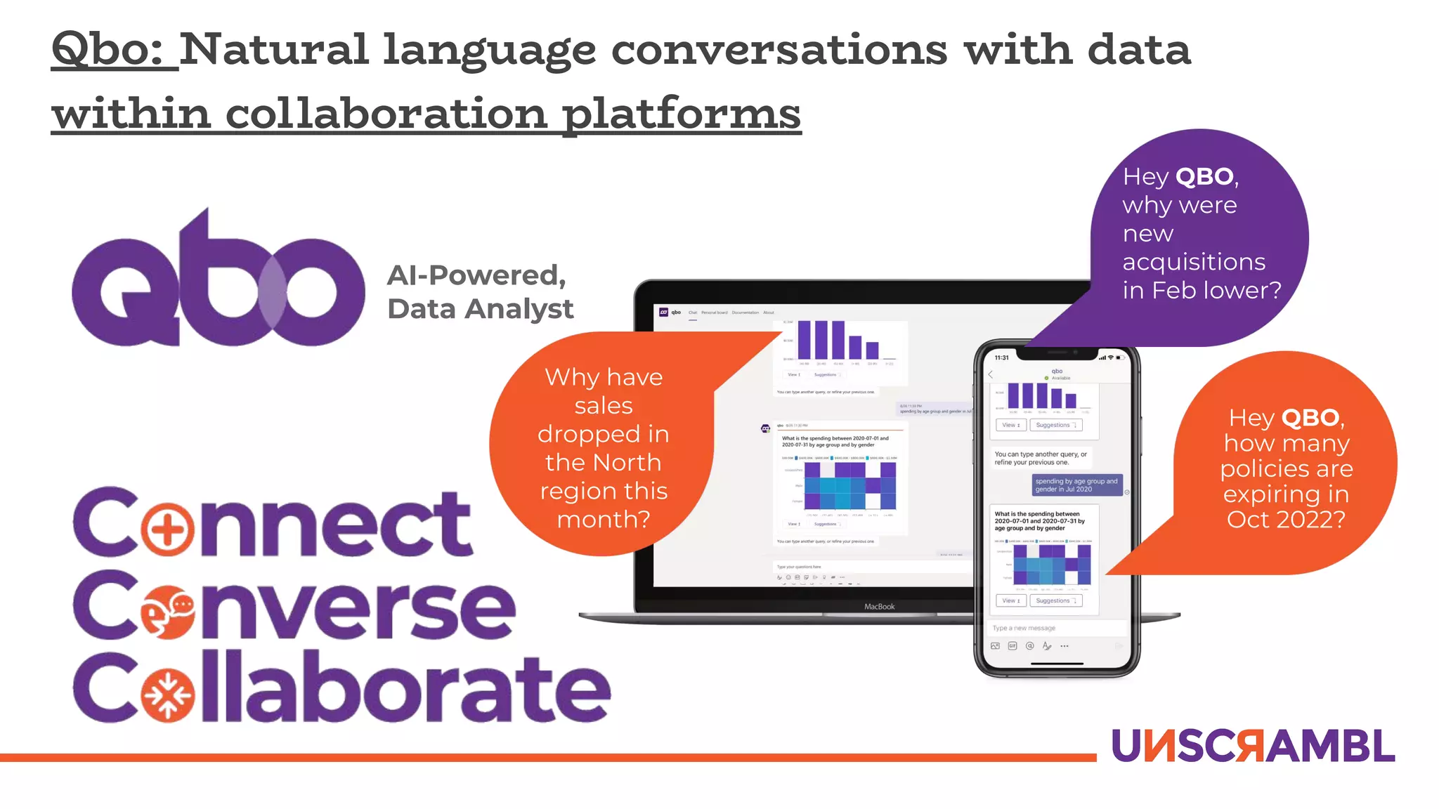 Qbo: Natural language conversations with data
within collaboration platforms
Hey QBO,
how many
policies are
expiring in
Oct 2022?
Hey QBO,
why were
new
acquisitions
in Feb lower?
Why have
sales
dropped in
the North
region this
month?
AI-Powered,
Data Analyst
 