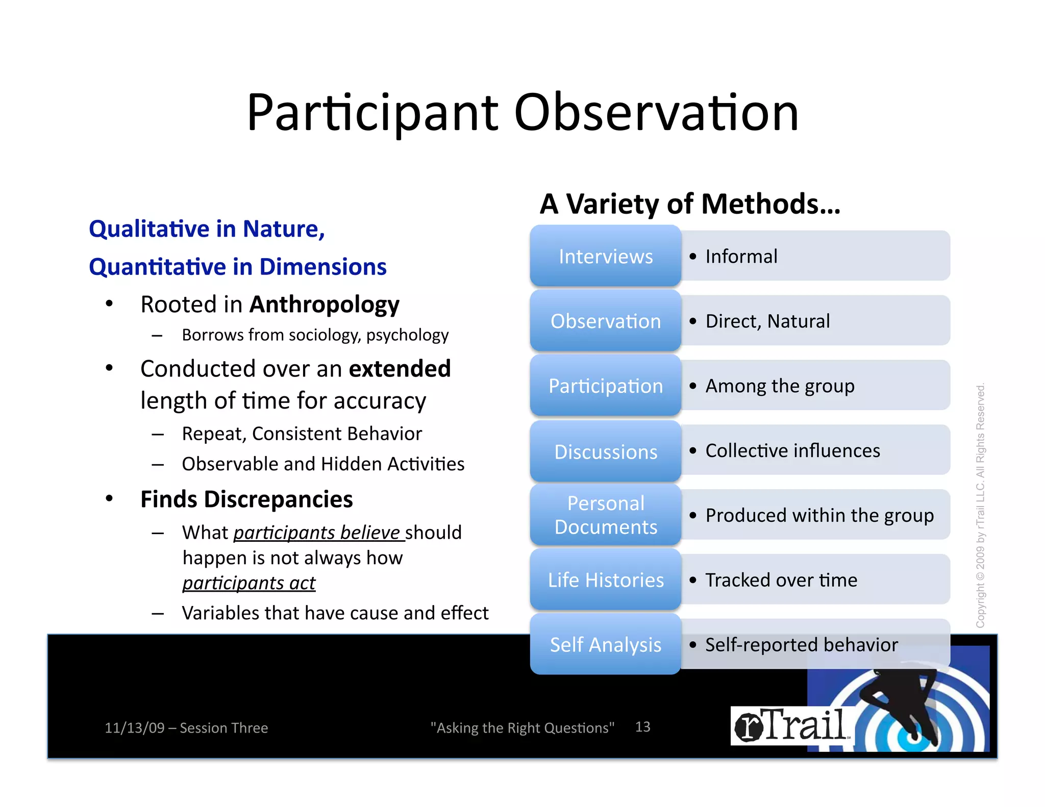 T)*N+$K)%-!?;#(*9)N.%!
                                                           !'Z65$*(3'/S'D*()/8"['
,-6?$(6.W*'$%'X6(-5*Y' '    ''
                                                              L%-(*9$(A#!       l! L%Z.*:)1!
,-6%.(6.W*'$%'I$:*%"$/%"'
 •! '..-(2!$%!!%()5/7/?/&3'
                                                            ?;#(*9)N.%! l! S$*(+-^!8)-0*)1!
        –! /.**.A#!Z*.:!#.+$.1.&E^!K#E+,.1.&E!
 •! O.%20+-(2!.9(*!)%!*<(*%8*8!
                                                            T)*N+$K)N.%! l! 4:.%&!-,(!&*.0K!




                                                                                                                Copyright © 2009 by rTrail LLC. All Rights Reserved.
    1(%&-,!.Z!N:(!Z.*!)++0*)+E!
        –! '(K()-^!O.%#$#-(%-!/(,)9$.*!
                                                             S$#+0##$.%#!       l! O.11(+N9(!$%r0(%+(#!
        –! ?;#(*9);1(!)%2!@$22(%!4+N9$N(#!
 •! E$%8"'I$"45*76%4$*"!                                      T(*#.%)1!
                                                                                l! T*.20+(2!A$-,$%!-,(!&*.0K!
        –! G,)-!A(1?&'A(-0,*B2)'2@2*#,.012!                  S.+0:(%-#!
           ,)KK(%!$#!%.-!)1A)E#!,.A!
           A(1?&'A(-0,*(&0*                                 U$Z(!@$#-.*$(#! l! D*)+B(2!.9(*!N:(!
        –! q)*$);1(#!-,)-!,)9(!+)0#(!)%2!(h(+-!
                                                            5(1Z!4%)1E#$#! l! 5(1Zm*(K.*-(2!;(,)9$.*!


 77X76X=>!Y!5(##$.%!D,*((!                 W4#B$%&!-,(!'$&,-!R0(#N.%#W!   76!
 