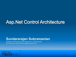 Asp.Net Control Architecture Sundararajan Subramanian Software Development Engineer |  Microsoft Sundararajan.Subramanian@microsoft.com 