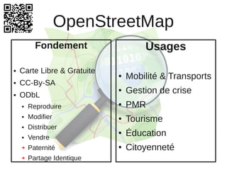 OpenStreetMap
Fondement Usages
● Carte Libre & Gratuite
● Mobilité & Transports
● CC-By-SA
● ODbL
● Gestion de crise
● Reproduire ● PMR
● Modifier ● Tourisme
● Distribuer
● Vendre
● Éducation
➔ Paternité ● Citoyenneté
➔ Partage Identique