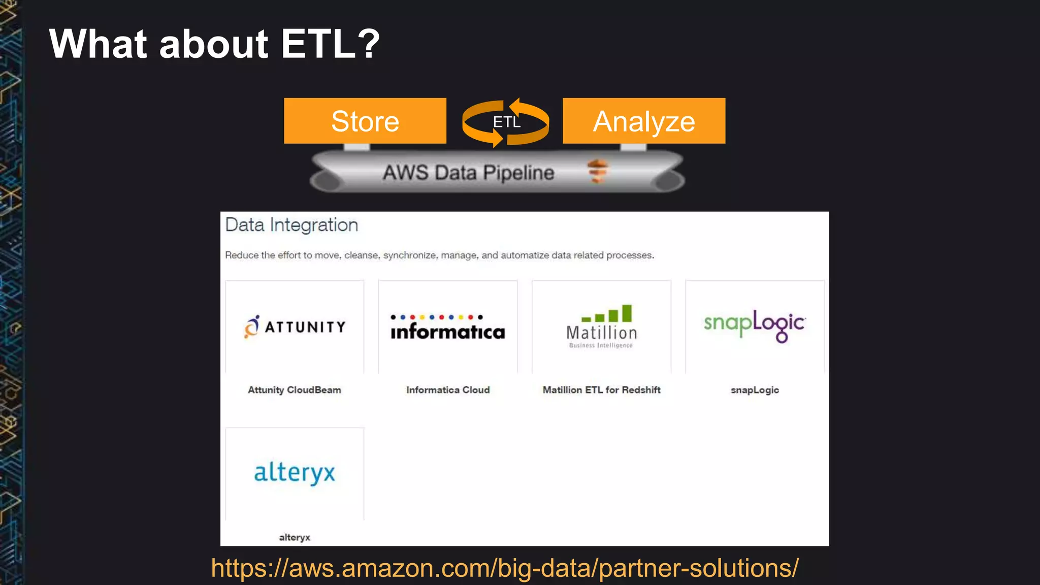 What about ETL?
Store Analyze
https://aws.amazon.com/big-data/partner-solutions/
ETL
 