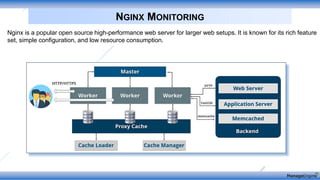 NGINX MONITORING
Nginx is a popular open source high-performance web server for larger web setups. It is known for its rich feature
set, simple configuration, and low resource consumption.
 