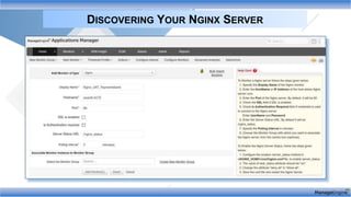 DISCOVERING YOUR NGINX SERVER
Application
availability
Error count
Request
Rate
Application &
Server CPU
 