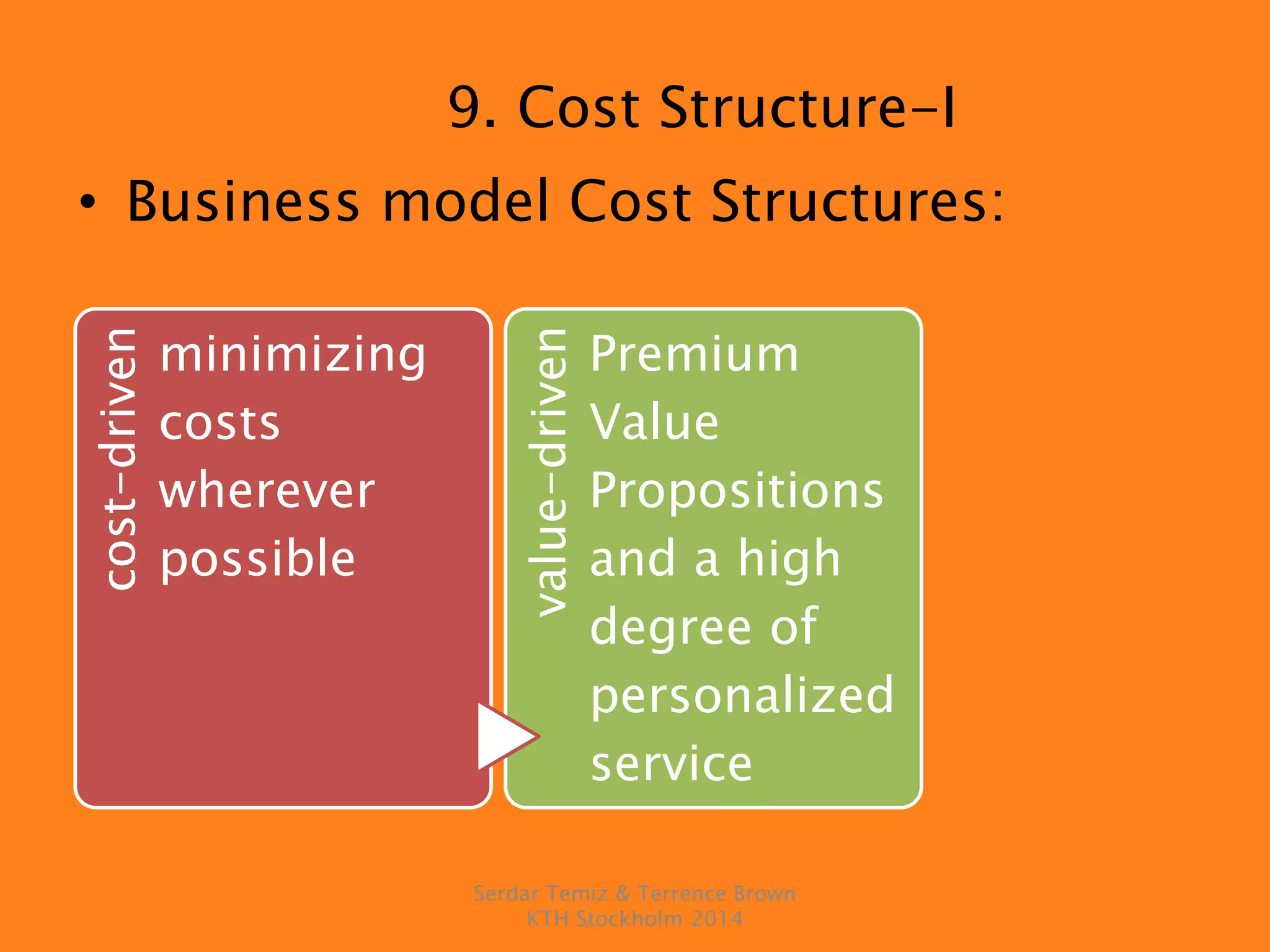 9. Cost Structure-I
• Business model Cost Structures:
cost-driven
minimizing
costs
wherever
possible value-driven
Premium
Value
Propositions
and a high
degree of
personalized
service
Serdar Temiz & Terrence Brown
KTH Stockholm 2014
 