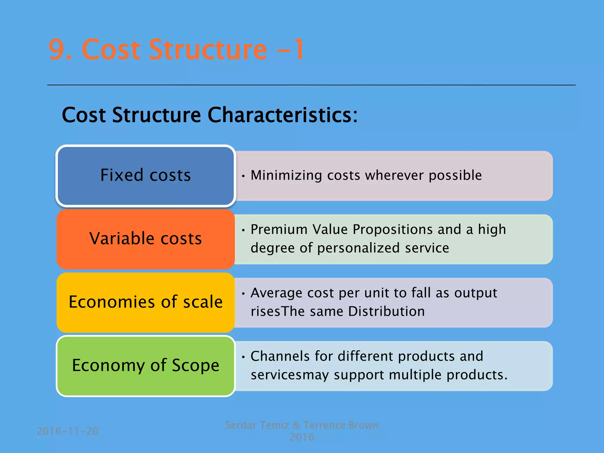 Cost Structure Characteristics:
• Minimizing costs wherever possibleFixed costs
• Premium Value Propositions and a high
degree of personalized service
Variable costs
• Average cost per unit to fall as output
risesThe same Distribution
Economies of scale
• Channels for different products and
servicesmay support multiple products.
Economy of Scope
Serdar Temiz & Terrence Brown
2016
2016-11-20
9. Cost Structure -1
 