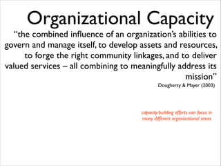 Organizational Capacity

“the combined inﬂuence of an organization’s abilities to
govern and manage itself, to develop assets and resources,
to forge the right community linkages, and to deliver
valued services – all combining to meaningfully address its
mission”
Dougherty & Mayer (2003)

capacity-building efforts can focus in
many different organizational areas

 