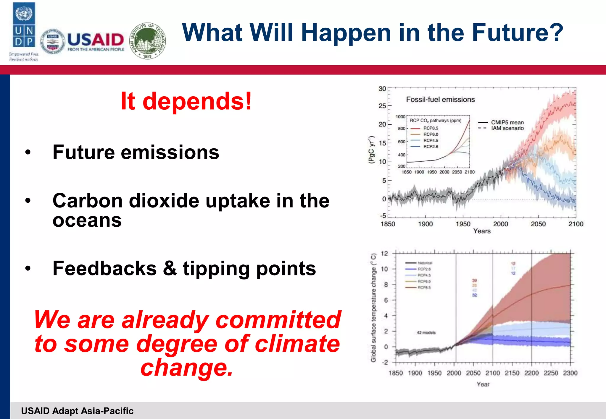 USAID Adapt Asia-Pacific
What Will Happen in the Future?
It depends!
• Future emissions
• Carbon dioxide uptake in the
oceans
• Feedbacks & tipping points
We are already committed
to some degree of climate
change.
 