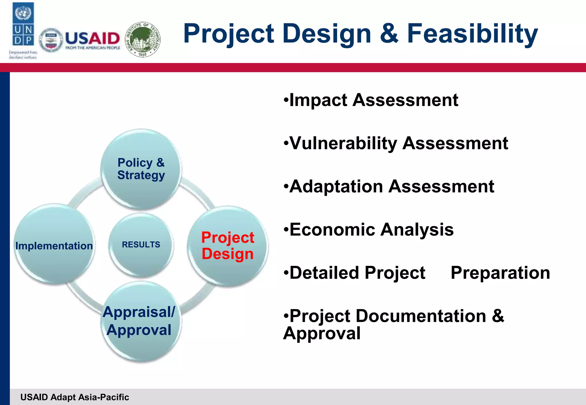 USAID Adapt Asia-Pacific
Project Design & Feasibility
•Impact Assessment
•Vulnerability Assessment
•Adaptation Assessment
•Economic Analysis
•Detailed Project Preparation
•Project Documentation &
Approval
RESULTS
Policy &
Strategy
Project
Design
Implementation
Appraisal/
Approval
 