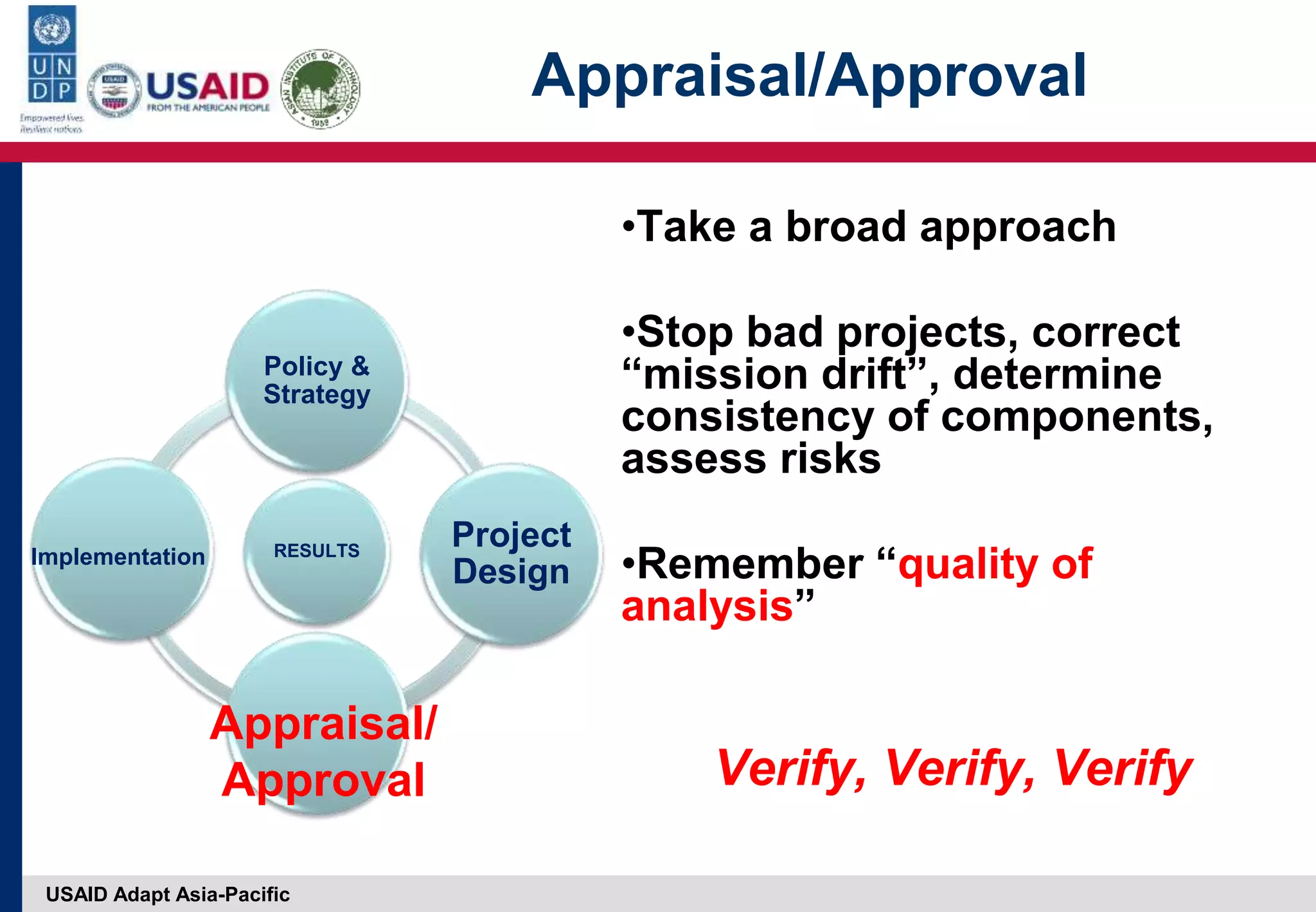 USAID Adapt Asia-Pacific
Appraisal/Approval
•Take a broad approach
•Stop bad projects, correct
“mission drift”, determine
consistency of components,
assess risks
•Remember “quality of
analysis”
Verify, Verify, Verify
RESULTS
Policy &
Strategy
Project
Design
Implementation
Appraisal/
Approval
 