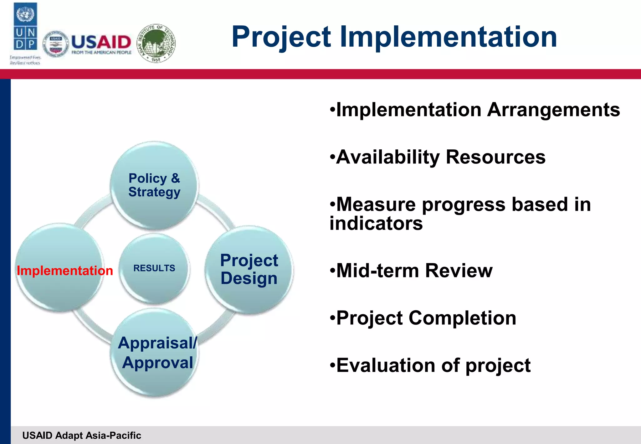 USAID Adapt Asia-Pacific
Project Implementation
•Implementation Arrangements
•Availability Resources
•Measure progress based in
indicators
•Mid-term Review
•Project Completion
•Evaluation of project
RESULTS
Policy &
Strategy
Project
Design
Implementation
Appraisal/
Approval
 
