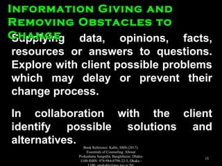Supplying data, opinions, facts,Supplying data, opinions, facts,
resources or answers to questions.resources or answers to questions.
Explore with client possible problemsExplore with client possible problems
which may delay or prevent theirwhich may delay or prevent their
change process.change process.
In collaboration with the clientIn collaboration with the client
identify possible solutions andidentify possible solutions and
alternatives.alternatives.
Information Giving andInformation Giving and
Removing Obstacles toRemoving Obstacles to
ChangeChange
Book Reference: Kabir, SMS (2017).
Essentials of Counseling. Abosar
Prokashana Sangstha, Banglabazar, Dhaka-
1100 ISBN: 978-984-8798-22-5, Dkaka -
15
 