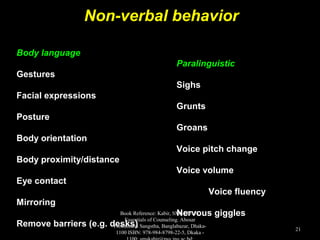 Non-verbal behaviorNon-verbal behavior
Body languageBody language
ParalinguisticParalinguistic
GesturesGestures
SighsSighs
Facial expressionsFacial expressions
GruntsGrunts
PosturePosture
GroansGroans
Body orientationBody orientation
Voice pitch changeVoice pitch change
Body proximity/distanceBody proximity/distance
Voice volumeVoice volume
Eye contactEye contact
Voice fluencyVoice fluency
MirroringMirroring
Nervous gigglesNervous giggles
Remove barriers (e.g. desks)Remove barriers (e.g. desks)
Book Reference: Kabir, SMS (2017).
Essentials of Counseling. Abosar
Prokashana Sangstha, Banglabazar, Dhaka-
1100 ISBN: 978-984-8798-22-5, Dkaka -
21
 