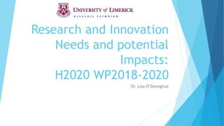 Research and Innovation
Needs and potential
Impacts:
H2020 WP2018-2020
Dr. Lisa O’Donoghue
 