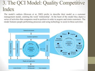 The model’s authors (Hewson et at, 2002) prefer to describe their model as a customer
management model, omitting the word ‘relationship’. At the heart of the model they depict a
series of activities that companies need to perform in order to acquire and retain customers. The
model features people performing processes and using technology to assist in those activities.
3. The QCI Model: Quality Competitive
Index
 