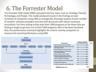 6. The Forrester Model
The Forrester CRM model 2008 is grouped into four types such as: Strategy; Process,
Technology; and People. The model produced results in the findings on over
hundreds of companies using CRM as strategically, thorough analysis of over number
of vendors’ solutions providers and also with discussion with about numerous
consultants. For firms willing to kick-start their CRM programs or for those that are
finding it tough to get best out of their CRM programs after it has been launched.
Also, the performance scorecard highlights the criteria used by companies to
measure the overall performance using CRM.
 