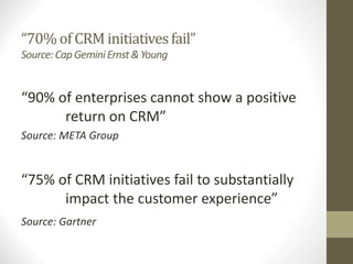 “70% of CRM initiativesfail”
Source:CapGeminiErnst&Young
“90% of enterprises cannot show a positive
return on CRM”
Source: META Group
“75% of CRM initiatives fail to substantially
impact the customer experience”
Source: Gartner
 