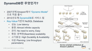 © 2020, Amazon Web Services, Inc. or its Affiliates.
DynamoDB란 무엇인가?
• 2007년에 Amazon에서 “Dynamo Model”
으로 처음 출시
• 2012년도에 DynamoDB로 서비스 됨
• Key-Value기반의 NoSQL Database
• 성능: Low latency
• 용량: Almost infinite capacity
• 관리: No need to worry, Easy
• 확장: 완벽한(Seamless) scalability
• 고가용성: High Durability & Availability
• 쉬운 Planning: (via throughput
parameters)
Service-oriented architecture of
Amazon’s platform
 