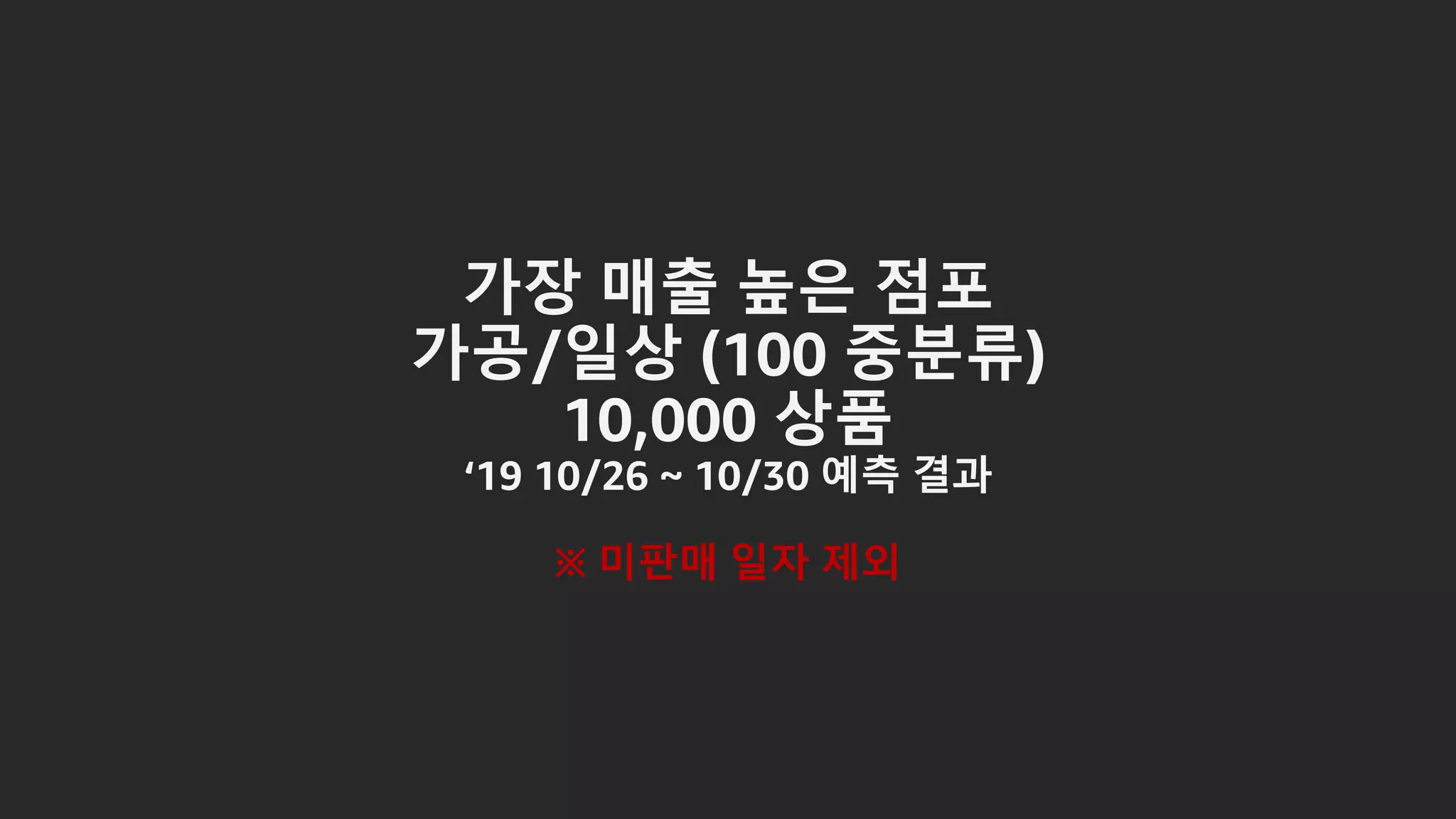가장 매출 높은 점포
가공/일상 (100 중분류)
10,000 상품
‘19 10/26 ~ 10/30 예측 결과
※ 미판매 일자 제외
 