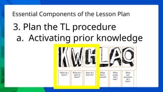 Essential Components of the Lesson Plan
3. Plan the TL procedure
a. Activating prior knowledge
 