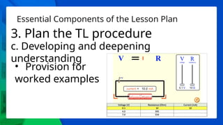 Essential Components of the Lesson Plan
3. Plan the TL procedure
c. Developing and deepening
understanding
• Provision for
worked examples
 